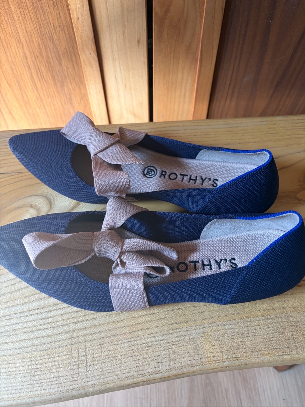 Rothy's Navy Pointed Flats with Beige Bow - Picture 2 of 4
